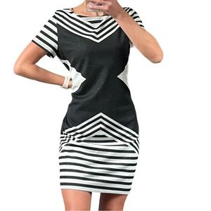 Ronni Nicole Women’s Size PMD Black Gray Striped Stretch Knit Short Sleeve Dress